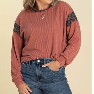 HEIMISH USA Rust Red Waffle Knit Top Leopard Print Long Sleeve Top